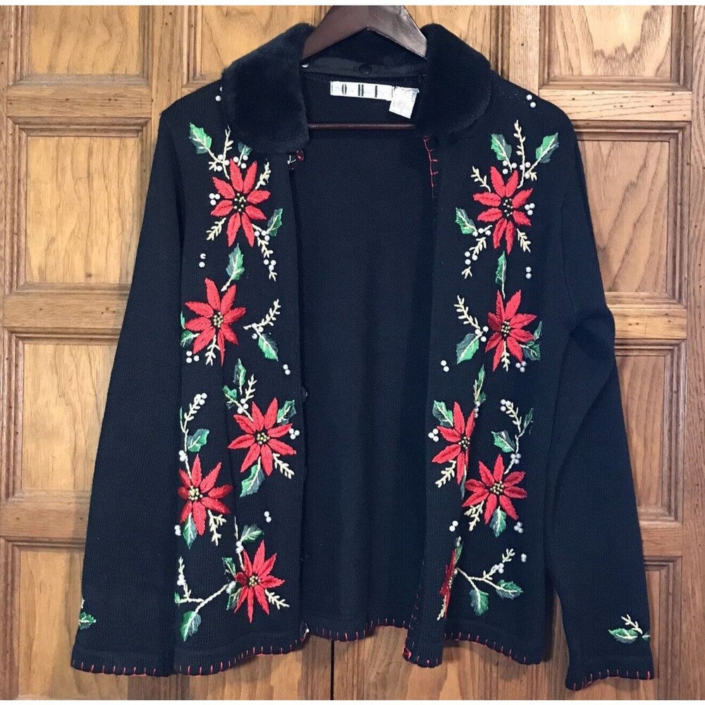 OHI Christmas Sweater Women S Black Removable Collar Poinsettia Holiday Cardigan